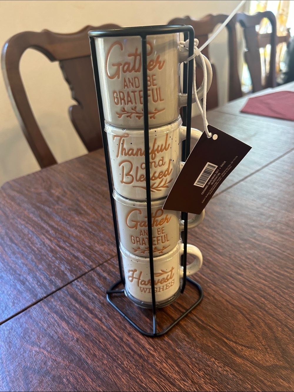Hobby Lobby White Mugs with Gold Lettering - 4 Stackable Harvest Cups